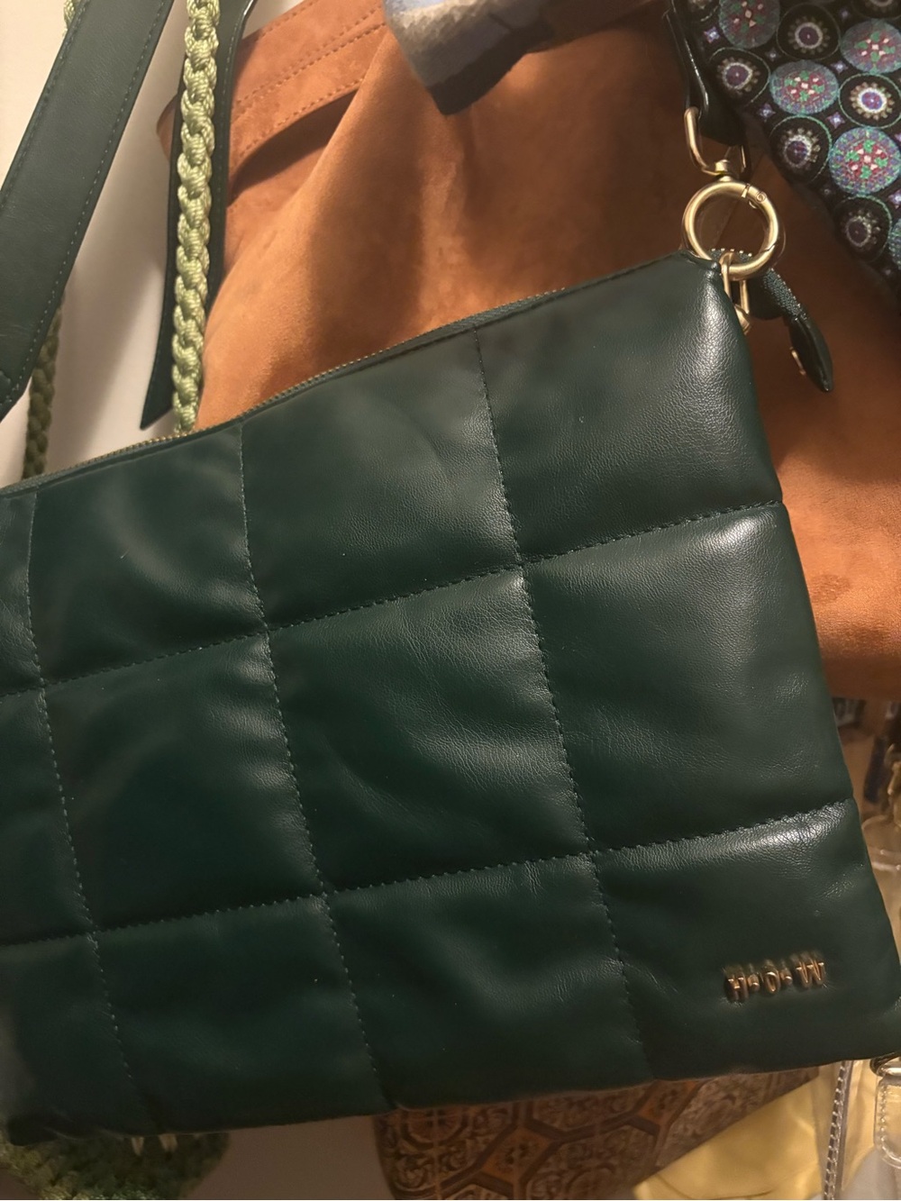 Quilted Crossbody Bag in Deep Green with Gold Hardware - come with dust bag